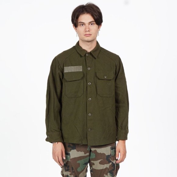 VINTAGE Thick Wool Khaki Military Button Down Shirt - Picture 1 of 3